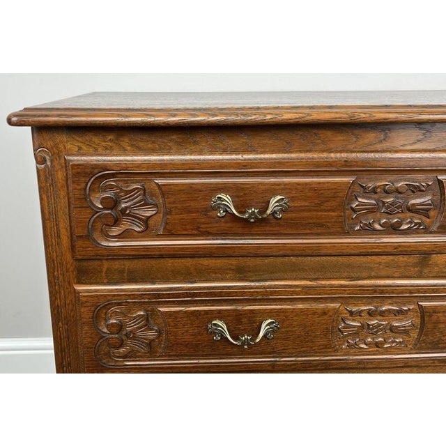 Vintage French Louis XVI Style Carved Oak Chest of Drawers For Sale - Image 4 of 14
