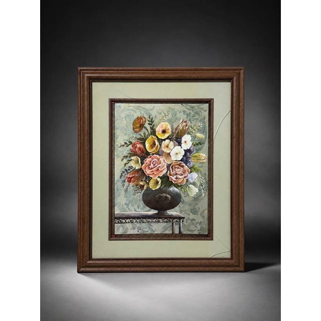 French Country Classic Floral Still Life Wall Art With Green Mat For Sale - Image 3 of 4