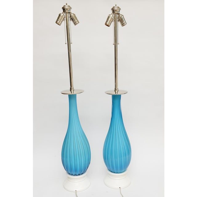 1950's Murano Seguso Turquoise Ribbed Glass Lamps With Nickel Silver for Marbro Lamp Co. For Sale - Image 9 of 10