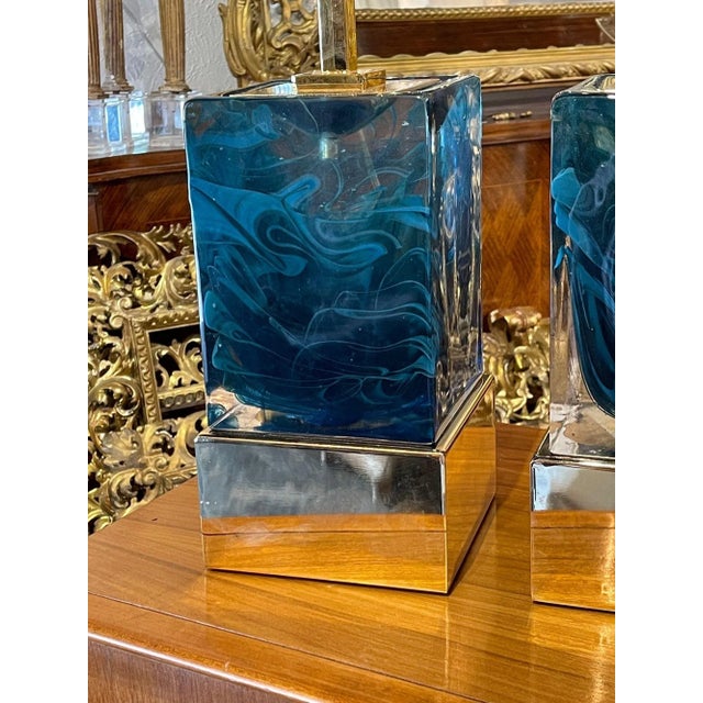Modern Blue Murano Glass Block Lamps on Brass Base For Sale - Image 4 of 8