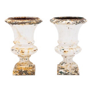 French 1860 Pair of White Painted Cast Iron Urns For Sale