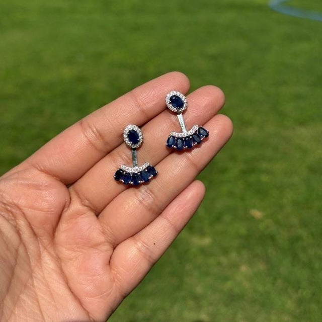 Art Deco 4.16ct Natural Deep Blue Sapphire and Diamond Jacket Earrings in 14k White Gold- A Pair For Sale - Image 3 of 18