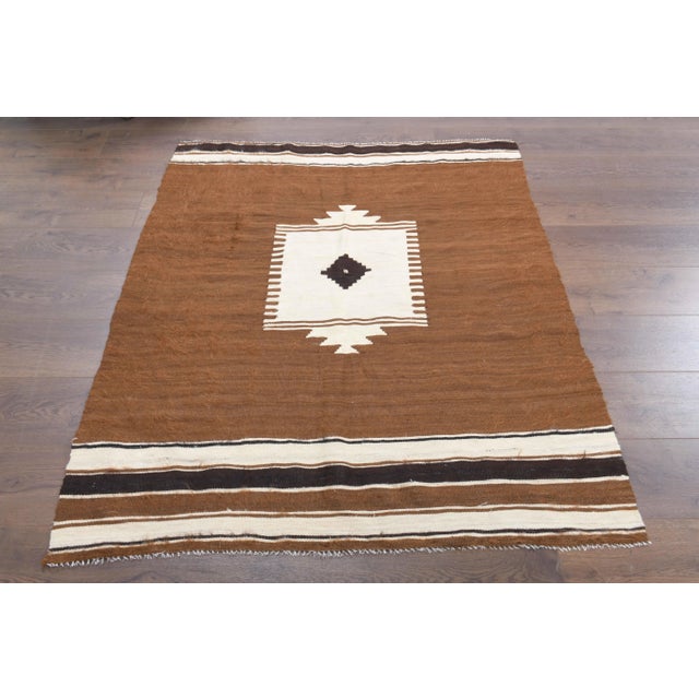 Tribal Vintage Turkish Oushak Handmade Cotton Brown Wool Kilim Area Rug For Sale - Image 3 of 11