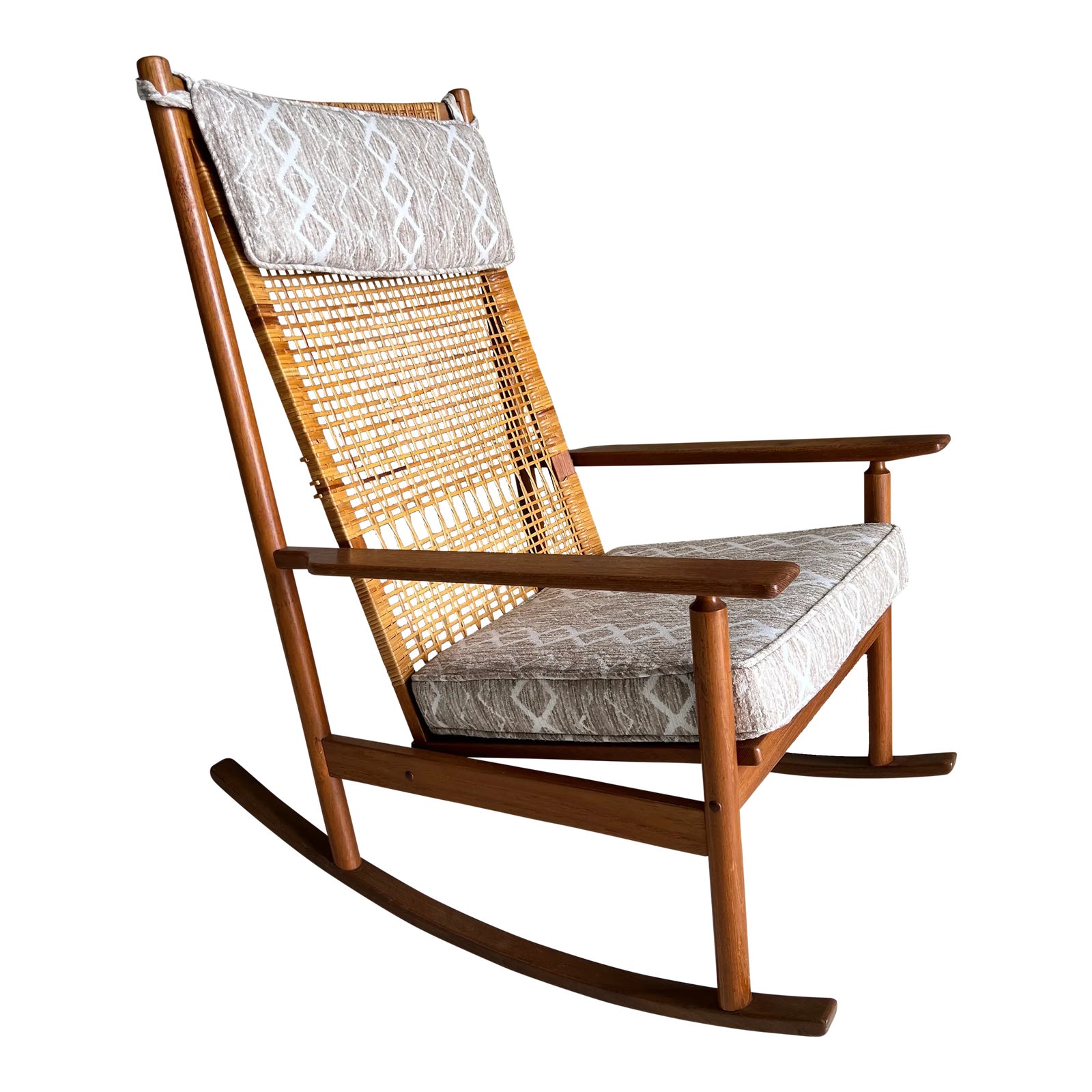 Mid Century Danish Teak Cane Back Rocker by Hans Olsen | Chairish