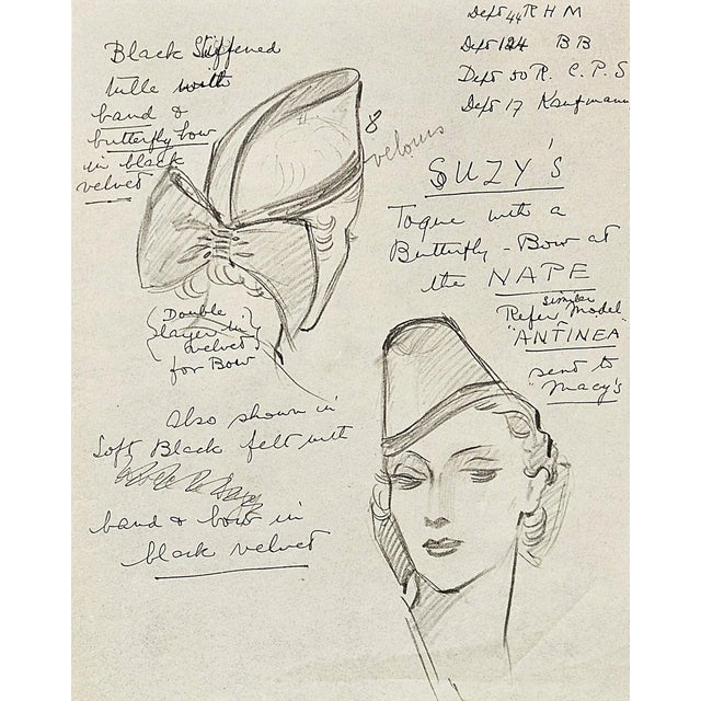1930s C1935 Set of 2 French Original Hat Design Fashion Drawings for Reboux, Suzy For Sale - Image 5 of 5