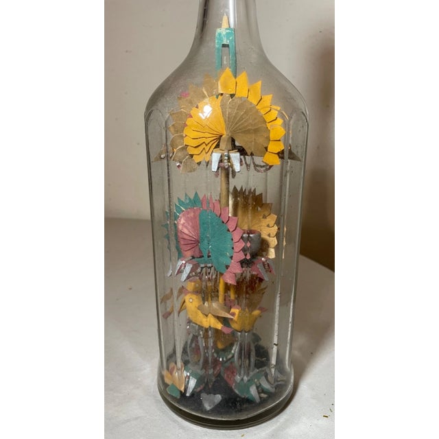 Yellow Antique Handmade Whimsical Folk Art Mixed Media Wood Glass Sculpture in Bottle For Sale - Image 8 of 18
