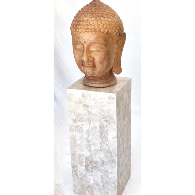 Substantial hand carved wooden buddha head with serene meditative face. Purchased in Los Angeles estate sale 27 years ago....