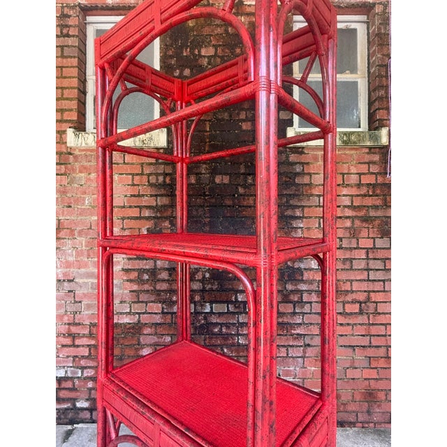 Vintage Rattan Etagere Bookcase in Vermillion Red Faux Tortoise Shell Finish - Newly Painted For Sale - Image 11 of 12