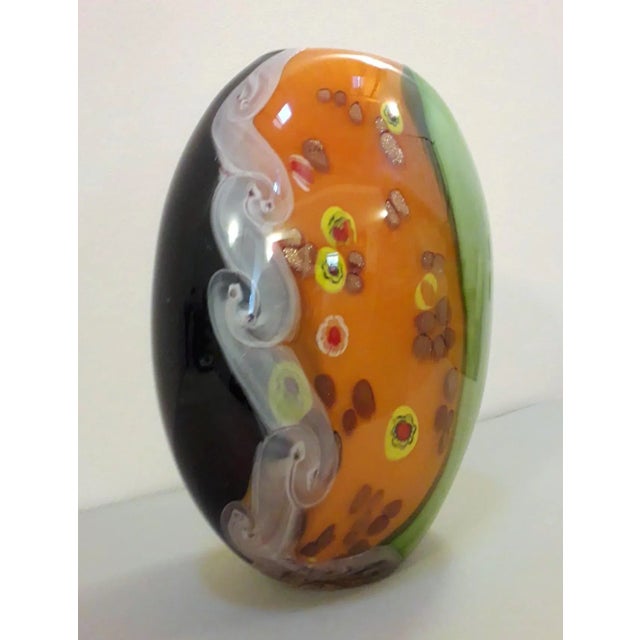 Vintage Italian Murano glass vase with green, orange, white and black color infused with Murrine / Made in Italy by Effe...