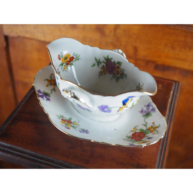 Ceramic Early 20th French Limoges Sauce Boat With Kingfisher and Flower Decoration For Sale - Image 7 of 13