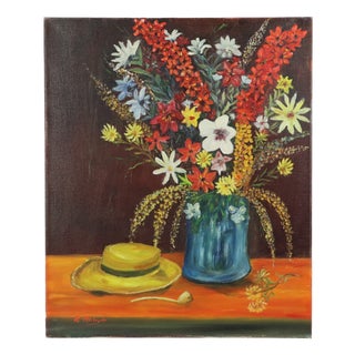 R. Aerdbeyde, Flowers with Hat, 1970s, Painting on Canvas For Sale