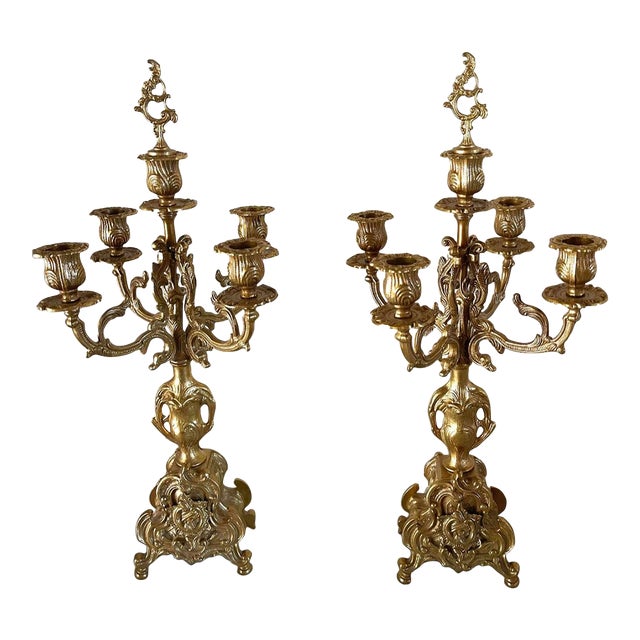 Mid-Century Italian Rococo Gilt Brass 5-Arm Candelabras - A Pair For Sale