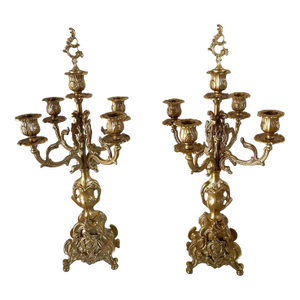 Mid-Century Italian Rococo Gilt Brass 5-Arm Candelabras - A Pair