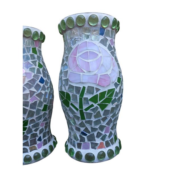Vintage Mosaic Glass Rose Flower Glass Hurricanes- A Pair For Sale In Charlotte - Image 6 of 14