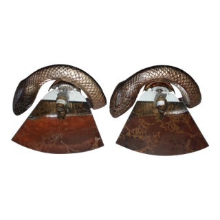 C1960's British Designer Mid Century Modern Bronze "Python" Mirror Back Wall Sconces by Wilson Laidlaw a - Pair For Sale