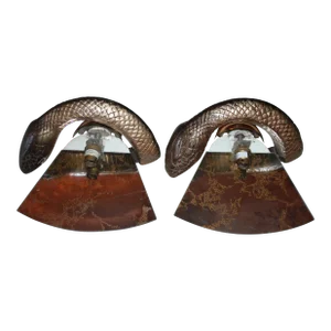C1960's British Designer Mid Century Modern Bronze "Python" Mirror Back Wall Sconces by Wilson Laidlaw a - Pair