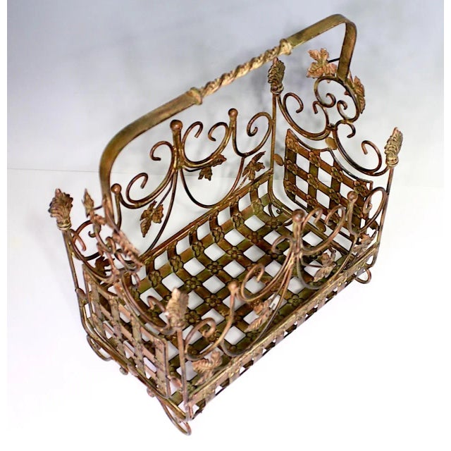 Mid 20th Century Rare Italian Wrought Iron Copper Gold Toned Magazine Stand With Rosettes and Leaves For Sale - Image 5 of 7