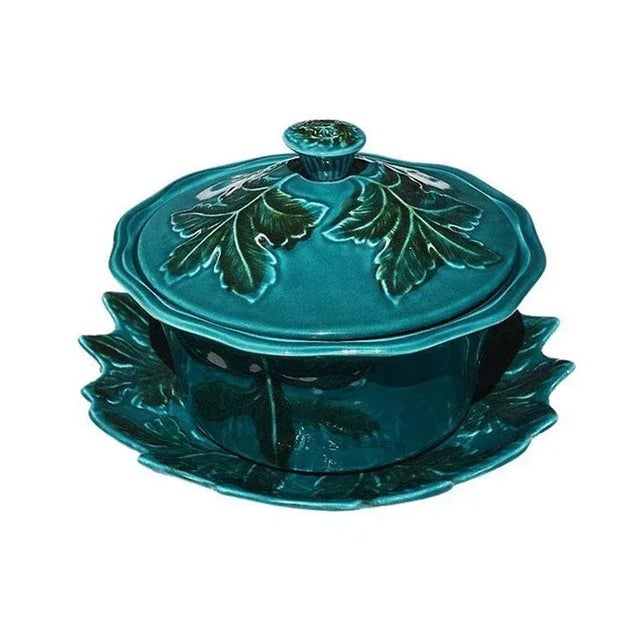 A verdigris green and blue majolica California Pottery Serving Tureen with lid and underplate. This set will be great for...