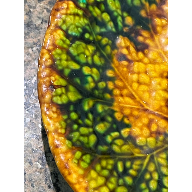 Antique German Majolica Begonia Pedestal Plate For Sale - Image 4 of 10