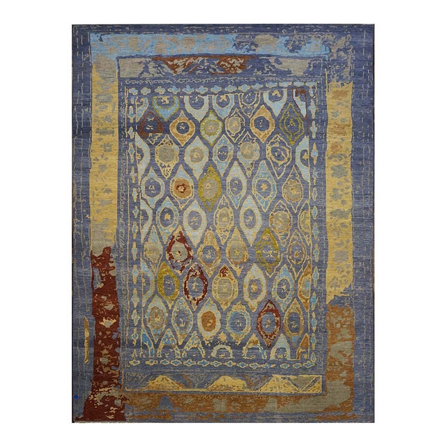 21st Century Afghan Sultanabad Wool 9 x 12 Blue, Ivory & Yellow Handmade Area Rug #1143266 For Sale