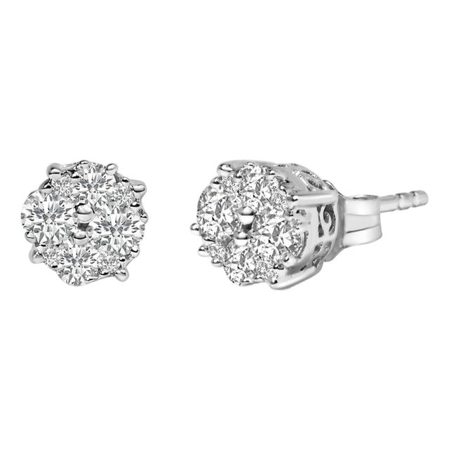 .925 Sterling Silver 1/2 cttw Prong Set Round-Cut Diamond Cluster Stud Earrings, A Pair For Sale