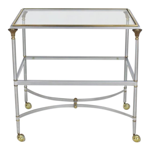 Mid Century Modern Two-Tier Brass Chrome Glass Rectangular Serving Bar Cart For Sale