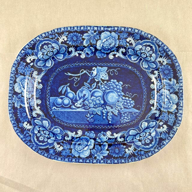 English Stubbs & Kent Georgian Cobalt Transferware ‘ Birds and Fruits’ Platter, Circa 1830 For Sale - Image 3 of 13