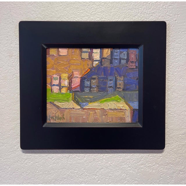 This oil on panel artwork presents an abstract interpretation of an overhead parking lot, characterized by bold, textured...