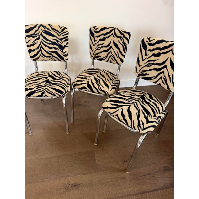 Metal Vintage Chrome Dinette Chairs in Tiger Chenille - Set of 3 For Sale - Image 7 of 10