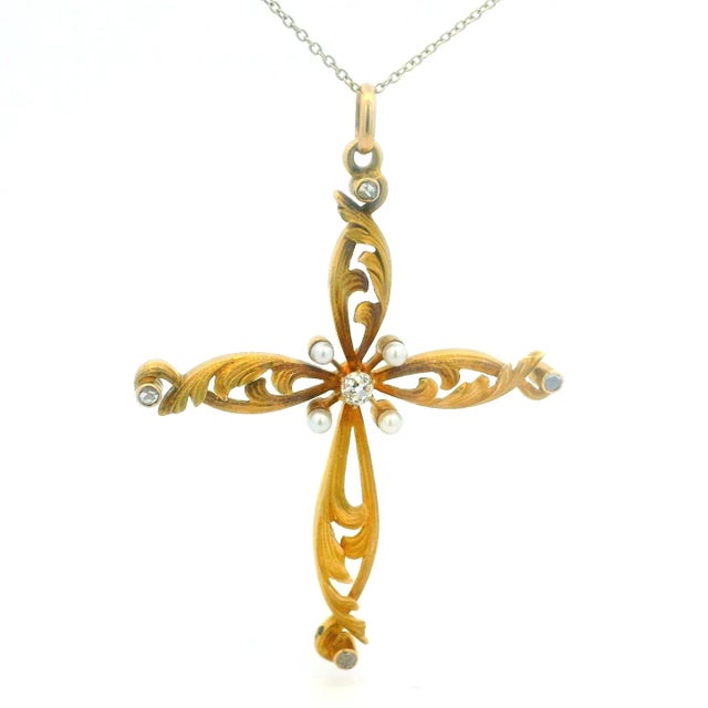 Antique 1900s 18k Gold Cross Pendant With Diamonds & Pearls For Sale - Image 9 of 10