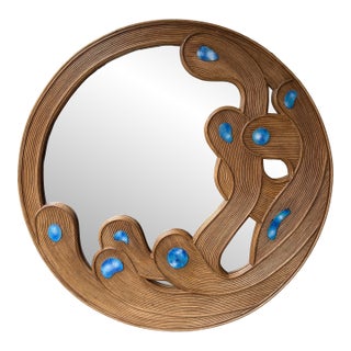 Contemporary Mirror Rattan Marquetry and Enamel Metal. Italy For Sale