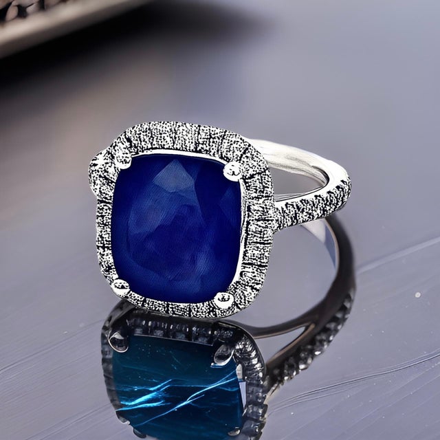 Traditional Natural Sapphire Diamond Ring Size 6.5 14k White Gold 6.35 Certified For Sale - Image 3 of 9