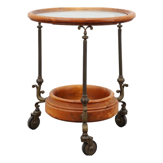Rustic Copper and Walnut Serving Trolley with Glass Top, France, 1900s For Sale