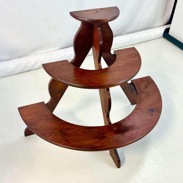 Folk Art 1970s Vintage Arts & Crafts Boho Chic Pine 3-Tier Half Moon Plant Stand, Dark Stain. For Sale - Image 3 of 13