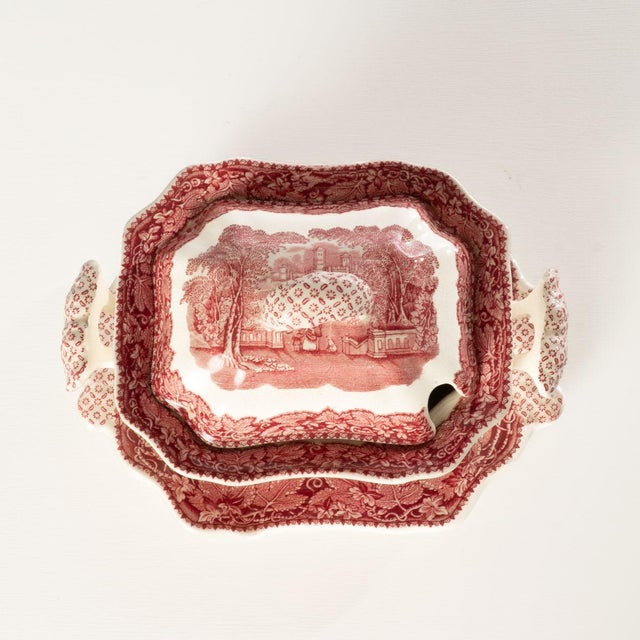 Red Mason's Patent Ironstone Red/Pink Vista Sauce Tureen W/Underplate For Sale - Image 8 of 12