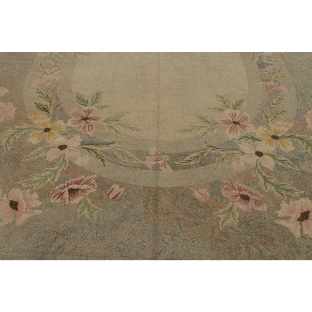 Rug & Kilim Antique Hooked Rug With Oval Medallion & Pastel Florals in Green - Rug & Kilim For Sale - Image 4 of 11