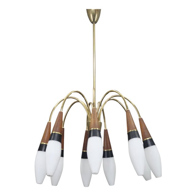 Brass and Teak Opaline Glass Chandelier by Rupert Nikoll, Austria, 1960s For Sale