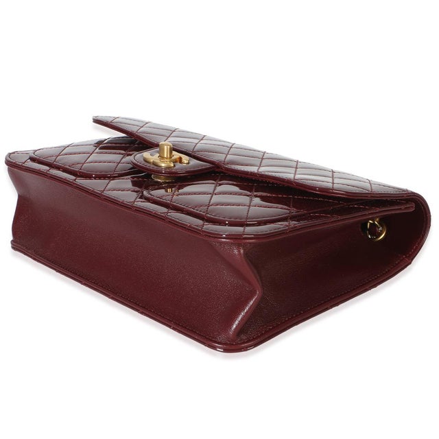 Animal Skin 25B Burgundy Quilted Patent Double Pocket Flap Bag For Sale - Image 7 of 9