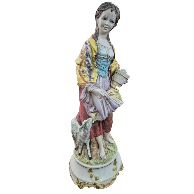 Blue Large Italian Porcelain Figurine of Young Peasant Girl with Lamb, 1950s For Sale - Image 8 of 10