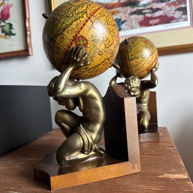 20th Century MCM Brass Hercules and Globe Bookends For Sale - Image 9 of 12
