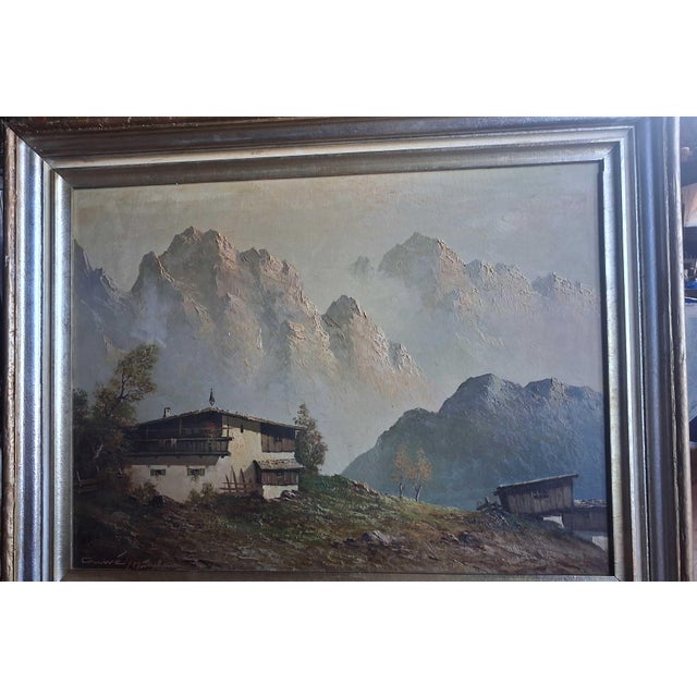 Traditional Gustav Weiss Swiss Alpine Village Misty Mountain Peaks Oil Painting For Sale - Image 3 of 8