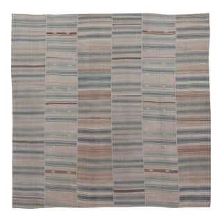 Squared Vintage Turkish Paneled Kilim Vintage Rug in Muted Colors 14'0" X14'2" For Sale