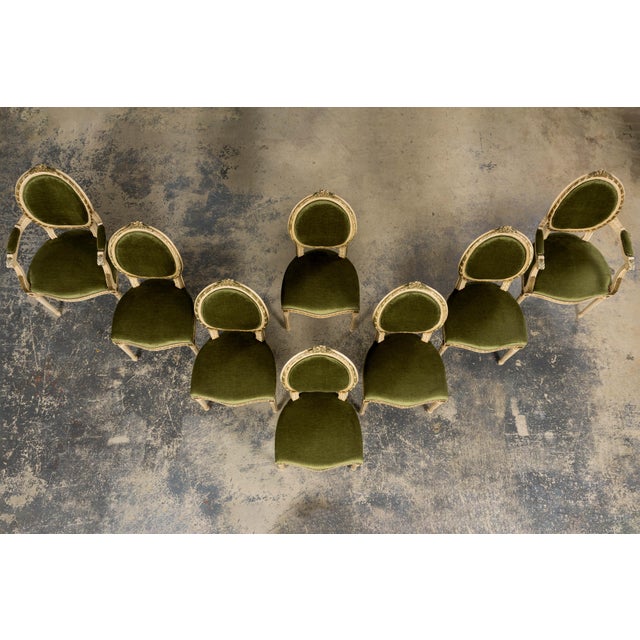 Antique French Louis XVI Style Dining Chairs in Olive Green Velvet - Set of 8 For Sale - Image 4 of 18
