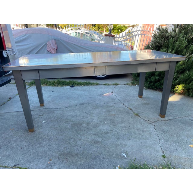 1940s Attributed to General Fireproofing Company Tanker Desk Refinished in Brushed Steel For Sale - Image 10 of 12