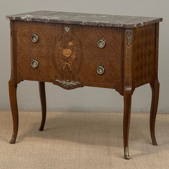 French Antique French Louis XVI Style Marquetry Marble Top Commode For Sale - Image 3 of 18