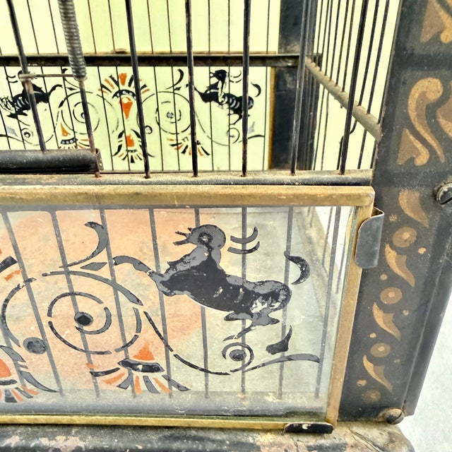 Art Nouveau Black Japanned Metal Bird Cage, Hand-Painted, Circa 1900-1920 For Sale In Philadelphia - Image 6 of 16