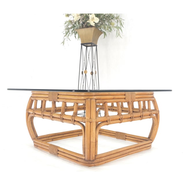 Transparent Ficks Reed Bamboo & Reed Square Glass Top Coffee Table c.1970s Mint! For Sale - Image 8 of 11