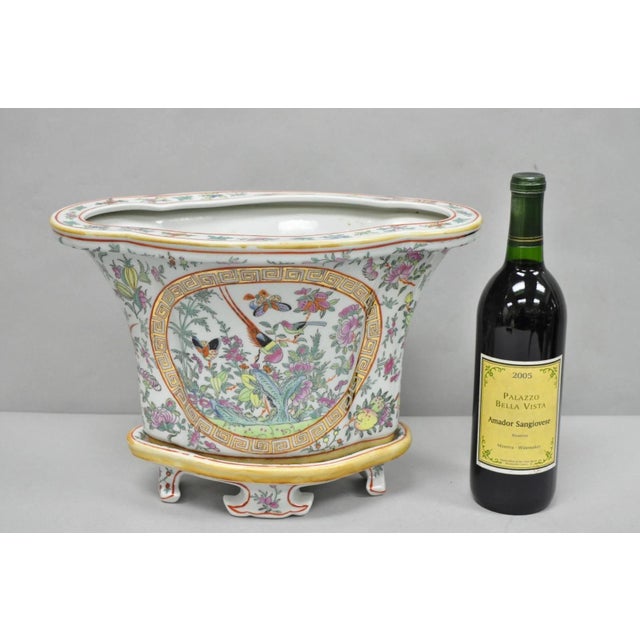 Vintage Chinese Export Porcelain Bird Painted Cachepot Flower Pot Vase. Vase rests on porcelain decorated base, unique...