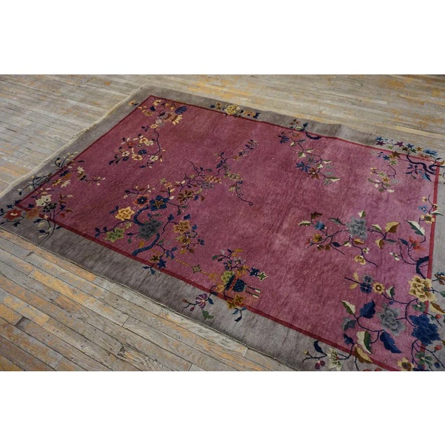 1920s Purple Floral Antique Chinese Art Deco Carpet 6' X 8'10" Handknotted Wool Rug For Sale - Image 14 of 15