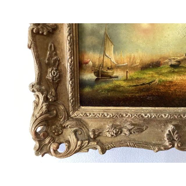 Oil Painting, Dutch School (20th Century) Oil on Board. A coastal scene with boat, windmill and figure, initialed at the...